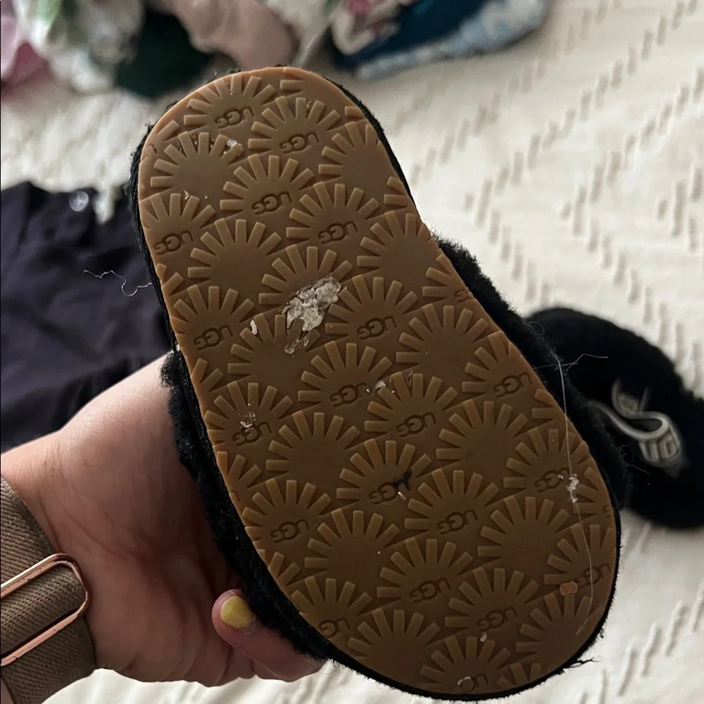 UGG Kids Black Fluffy Slippers